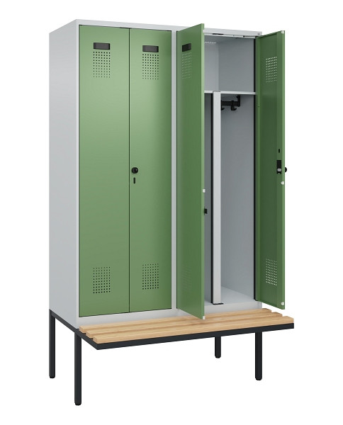 C+P PSA Doppel-Spind Evolo PLUS, Bank, 4 Abteile, 2120x1200x815mm, 7035/6011, Drehriegel, Sitzfläche Holz, 0490427-40P S10010