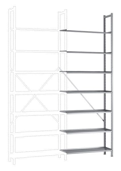 Manuflex Büro-Steck-Anbauregal mit 7 pulverbeschichteten Stahlböden, HxBxT = 2600 x 960 x 300 mm, alusilber, RA3172.9006