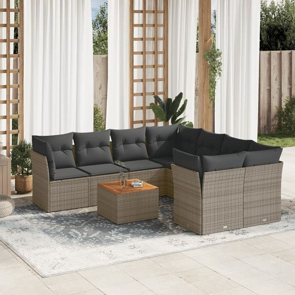 vidaXL 9-teilig Garten-Sofagarnitur mit Kissen Grau Poly Rattan, 3255864