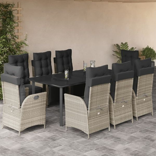 vidaXL 9-teilig Garten-Essgruppe mit Kissen Hellgrau Poly Rattan, 3213475