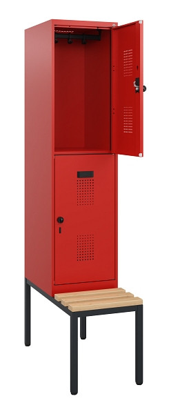 C+P Doppelstöckiger Spind Evolo PLUS, Bank, 2 Fächer, 1950x400x815mm, 3020/3020, Drehriegel, Sitzfläche Buche-Hartholz, Sitzbank, 0493505-12 S10034