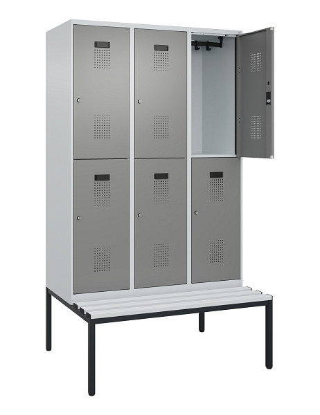C+P Doppelstock-Spind Evolo PLUS, Bank, 6 Fächer, 2120x1200x815mm, 7035/0004, Zylinderschloss, Sitzfläche Kunststoff, Sitzbank, 0493507-32 S10122