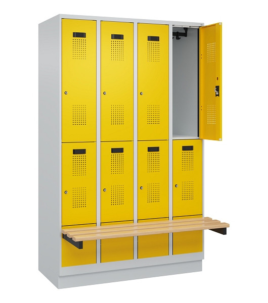 C+P Doppelstock-Spind Evolo PLUS, Bank, 8 Fächer, 1950x1200x815mm, 7035/1023, Zylinderschloss, Sitzfläche Buche-Hartholz, mit Sockel, 049340-40 S10028