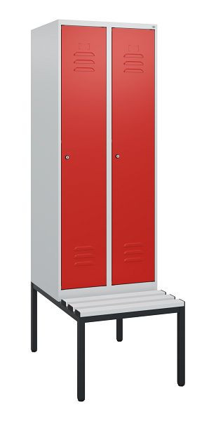 C+P Umkleidespind Classic PLUS, mit untergebauter Sitzbank, 2 Abteile, 1950x600x815mm, 7035/3020, Zylinderschlösser, 0800505-20 S10047
