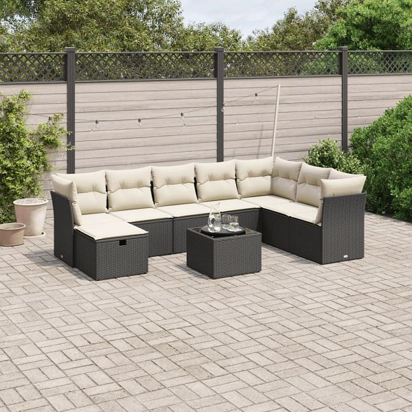 vidaXL 9-teilig Garten-Sofagarnitur mit Kissen Schwarz Poly Rattan, 3263282