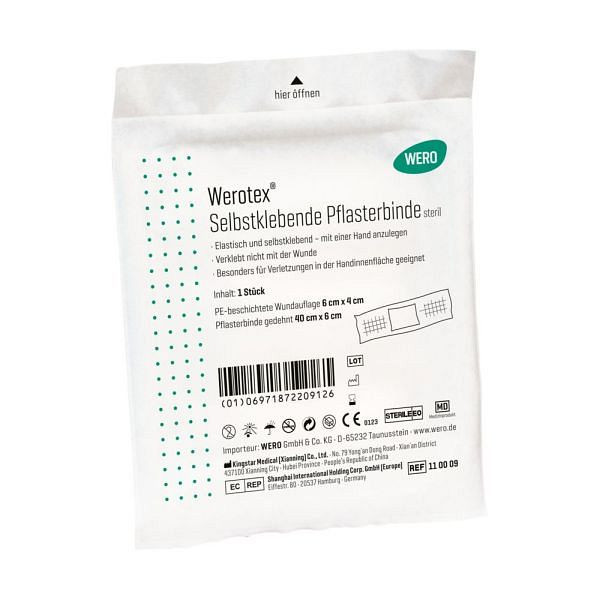 WERO Werotex Selbstklebende Pflasterbinde, steril, Wundauflage: 4 x 6 cm, VE: 10 Stück, 110039