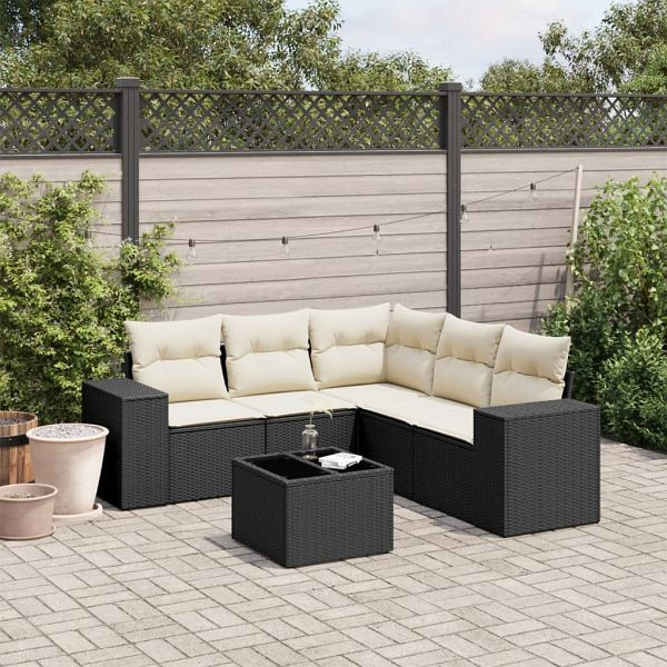 vidaXL 6-tlg. Garten-Sofagarnitur mit Kissen Schwarz Poly Rattan, 3222555