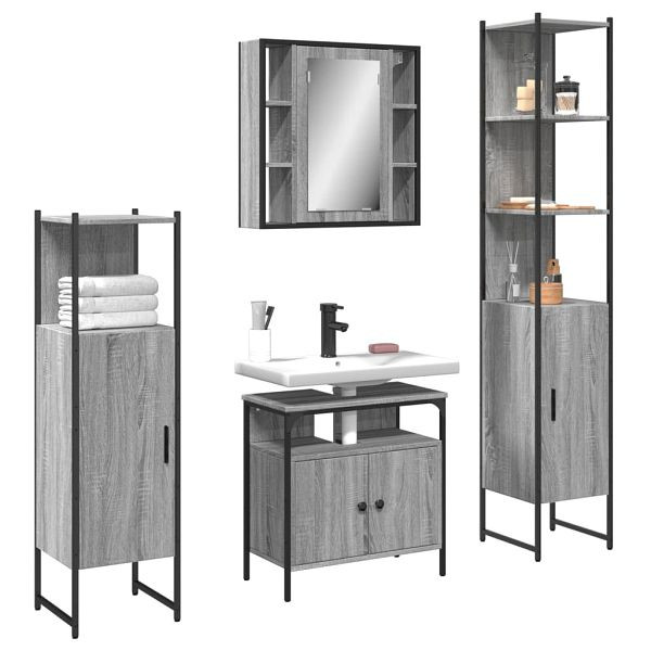vidaXL 4-tlg. Badmöbel-Set Grau Sonoma Holzwerkstoff, 3214768