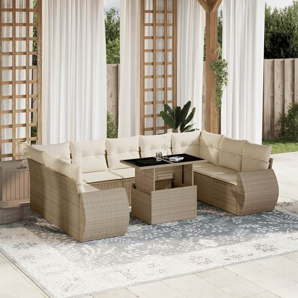 vidaXL 10-tlg. Garten-Sofagarnitur mit Kissen Beige Poly Rattan, UV-beständig, 3268738