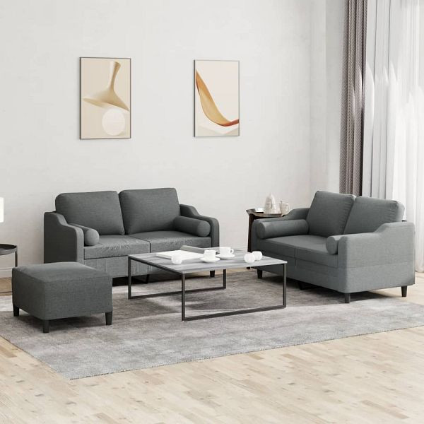 vidaXL 3-teilig Sofagarnitur mit Kissen Dunkelgrau Stoff, 3201827