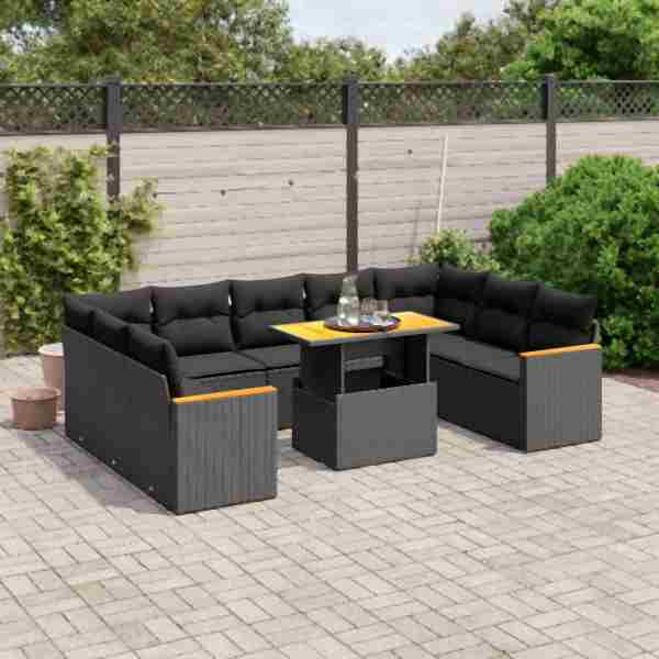 vidaXL 10-tlg. Garten-Sofagarnitur mit Kissen Schwarz Poly Rattan, UV-beständig, 3273218