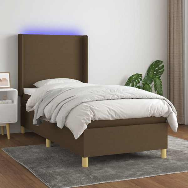 vidaXL Boxspringbett mit Matratze & LED Dunkelbraun 90x190 cm Stoff, 3138680