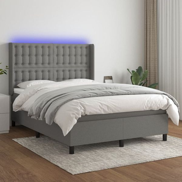 vidaXL Boxspringbett mit Matratze & LED Dunkelgrau 140x190 cm Stoff, 3138630