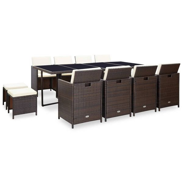 vidaXL 13-tlg. Garten-Essgruppe mit Auflagen Poly Rattan Braun, 42528