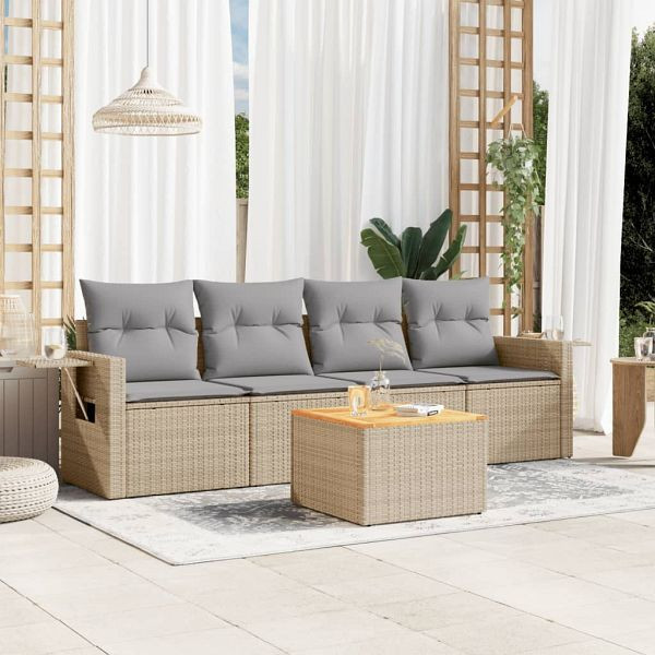 vidaXL 5-teilig Garten-Sofagarnitur mit Kissen Beige Poly Rattan, 3256773