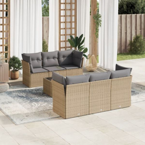 vidaXL 7-tlg. Garten-Sofagarnitur mit Kissen Beige Poly Rattan, 3249098