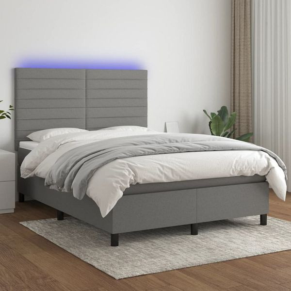vidaXL Boxspringbett mit Matratze & LED Dunkelgrau 140x200 cm Stoff, 3134958