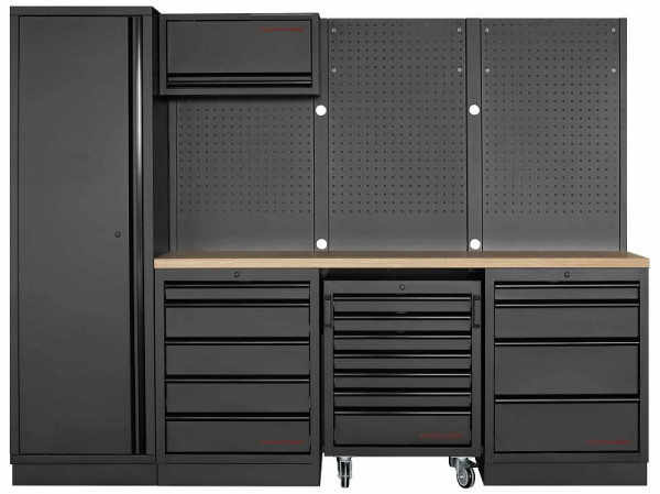 Kraftwerk MOBILIO BLACK EDITION 4er Kombi, 9 Schubladen, 2 Schränke, Unterschrank-Werkstattwagen, Vierkant-Lochwand, 3964K-BLK-016