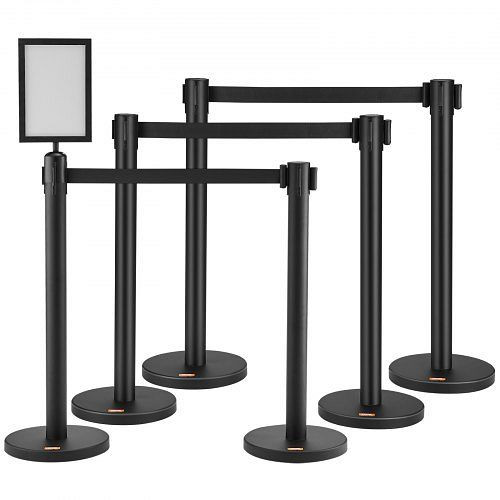 VEVOR Personenleitsystem 6-teilig, 2 m x 48 mm Schwarzer Einziehbarer Gürtel, Personenleitsystem Absperrpfosten mit Schildern, ZGGLZHSTZX6JU9ZDTV0