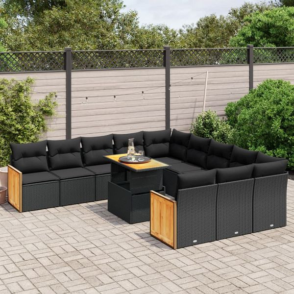 vidaXL 11-teilig Garten-Sofagarnitur mit Kissen Schwarz Poly Rattan, 3274142