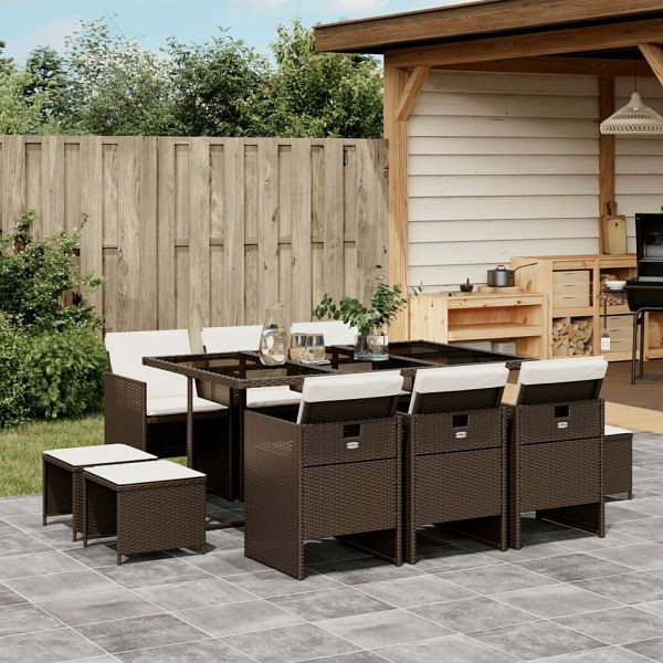 vidaXL 11-tlg. Garten-Essgruppe mit Kissen Braun Poly Rattan, 3210609