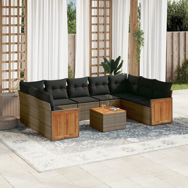 vidaXL 10-teilig Garten-Sofagarnitur mit Kissen Grau Poly Rattan, 3227964