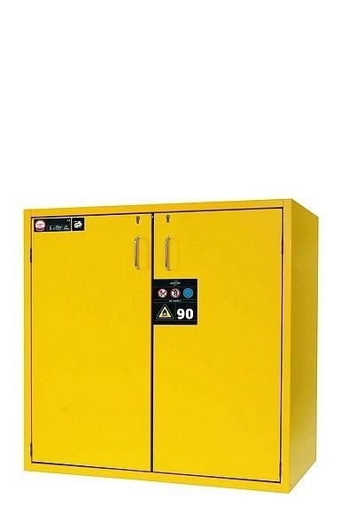 asecos Sicherheitsschrank S-CLASSIC-90, S90.129.120.WDAS in sicherheitsgelb RAL 1004 mit 2x Auszugswanne Standard (Edelstahl), 30122-002-30169