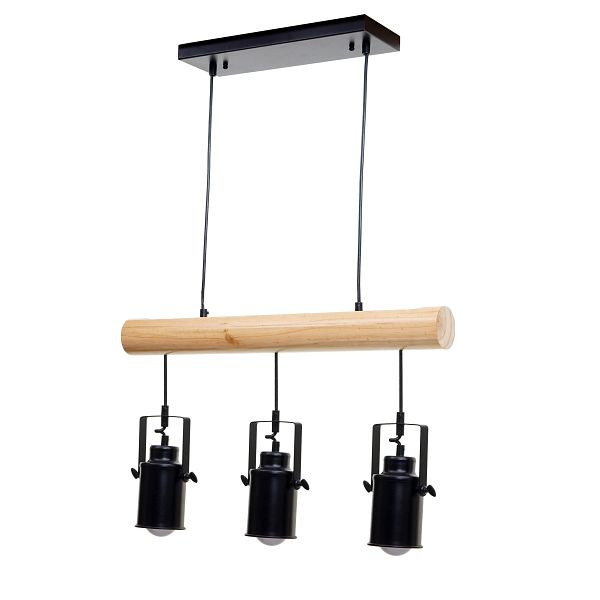 Mendler Pendelleuchte HWC-H83, Hängelampe Hängeleuchte, Industrial Vintage Massiv-Holz Metall schwarz, 3 Spotlampenschirme, 74209