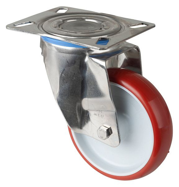 BS Rollen Edelstahl Transportrolle, Breite 32 mm, Ø125 mm, bis 180 kg, Lauffläche Polyurethan rot, Radkörper Kunststoff, Gleitlager, Platte, H100.B26.126