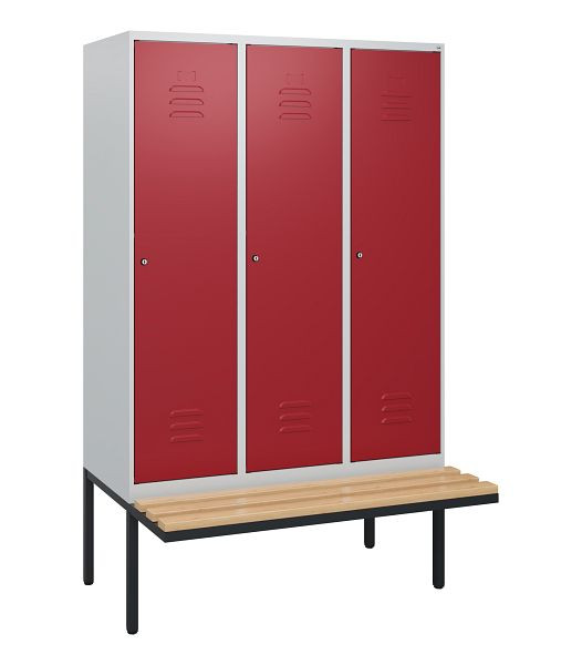 C+P Umkleidespind Classic PLUS, 3 Abteile, 1950x1200x815mm, 7035/3003, Zylinderschlösser, Buche-Sitzleisten, 0800405-32 S10016