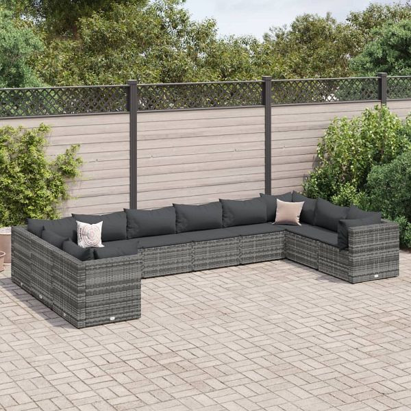 vidaXL 10-teilig Garten-Lounge-Set mit Kissen Grau Poly Rattan, 3308282