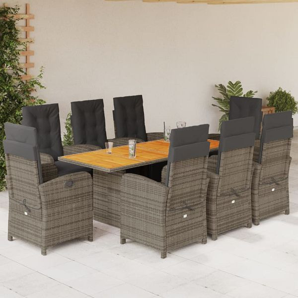 vidaXL 9-teilig Garten-Essgruppe mit Kissen Grau Poly Rattan, 3212507