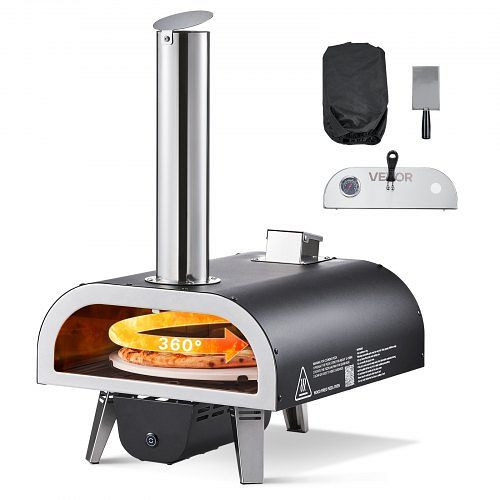 VEVOR 12 Zoll Outdoor Pizzaofen, Pellet-Holzofen mit Thermometer & Rotation, tragbarer Pizzamaker inkl. Stein & Schaufel, BXPSLDNZWDJPCLPZU001V9