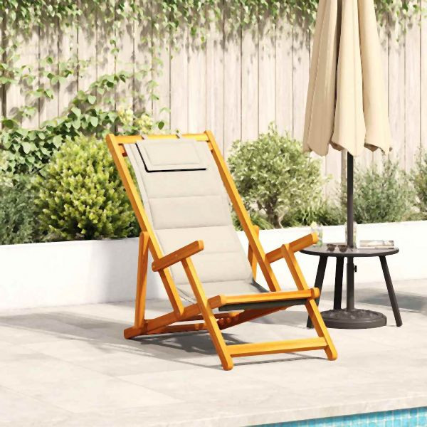 vidaXL Strandstuhl mit Armlehnen Klappbar Creme Akazienholz Textilene, 4108067