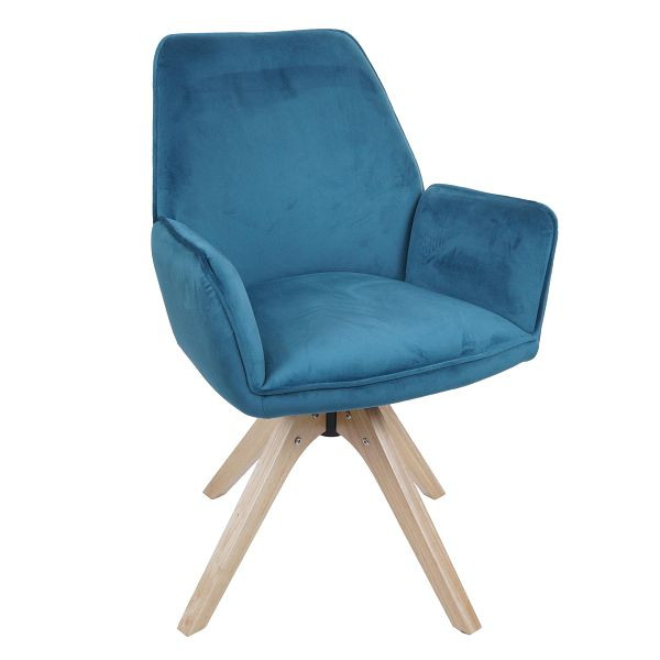 Mendler Esszimmerstuhl HWC-G67, Esstischstuhl Küchenstuhl Stuhl mit Armlehne, drehbar Holz Samt 320 g/m² MVG, türkis-blau, 121387