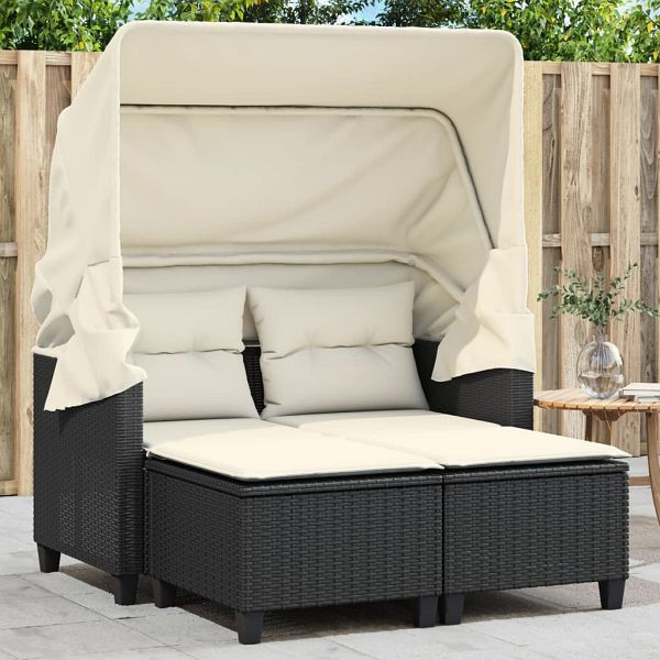 vidaXL Gartensofa 2-Sitzer mit Dach und Hockern Schwarz Poly Rattan, 365780