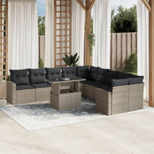 vidaXL 11-tlg. Garten-Sofagarnitur mit Kissen Hellgrau Poly Rattan, 3267542