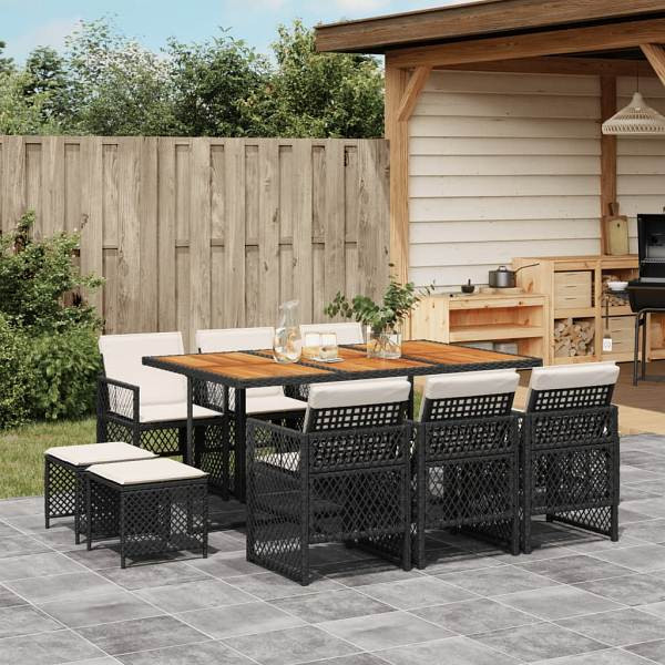 vidaXL 11-tlg. Garten-Essgruppe mit Kissen Schwarz Poly Rattan, UV-beständig, 3210795