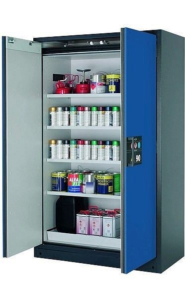 asecos Sicherheitsschrank Q-CLASSIC-90, Q90.195.120 in enzianblau RAL 5010 mit 4x Fachboden (Stahlblech), 30001-047-30004