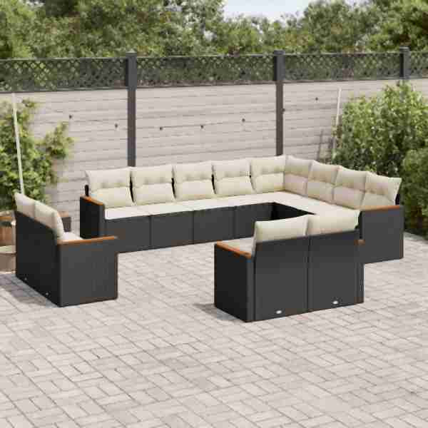 vidaXL 12-tlg. Garten-Sofagarnitur mit Kissen Schwarz Poly Rattan, UV-beständig, 3258913