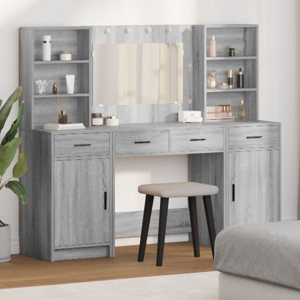 vidaXL 3-teiliges Schminktisch-Set Grau Sonoma aus Holzwerkstoff, 3334286