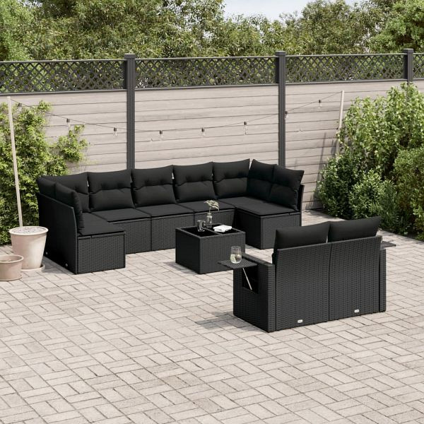 vidaXL 10-teilig Garten-Sofagarnitur mit Kissen Schwarz Poly Rattan, 3220624