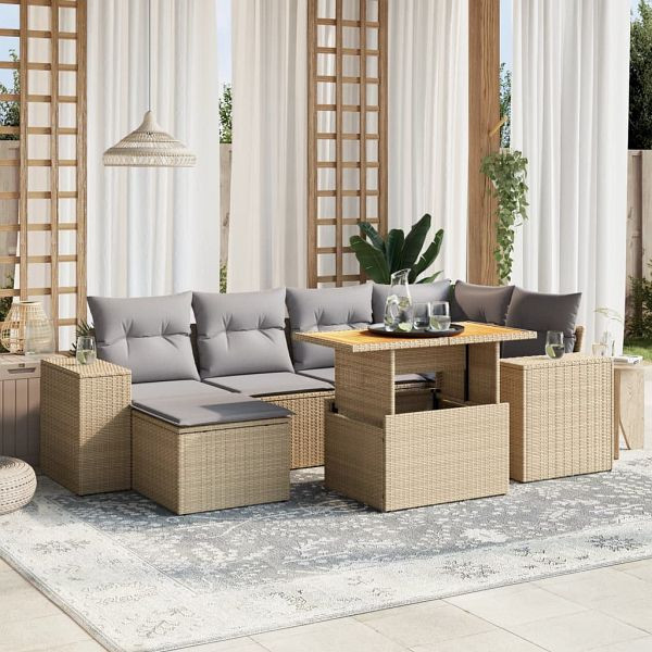 vidaXL 7-teilig Garten-Sofagarnitur mit Kissen Beige Poly Rattan, 3272739