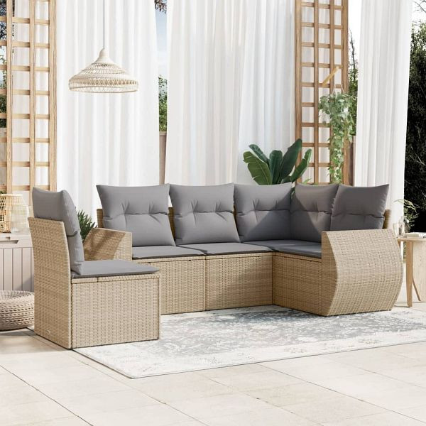 vidaXL 5-teilig Garten-Sofagarnitur mit Kissen Beige Poly Rattan, 3221368