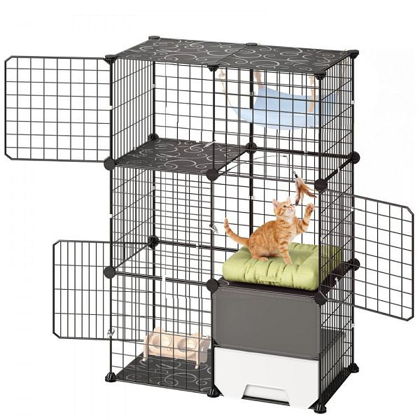 VEVOR Katzenkäfig 3-stöckig, 71,1 x 45,5 x 104,1 cm, Metall, mit Katzentoilette, für 1–2 Katzen, Schwarz, JSPJZZSMBSH44OD0C001V0