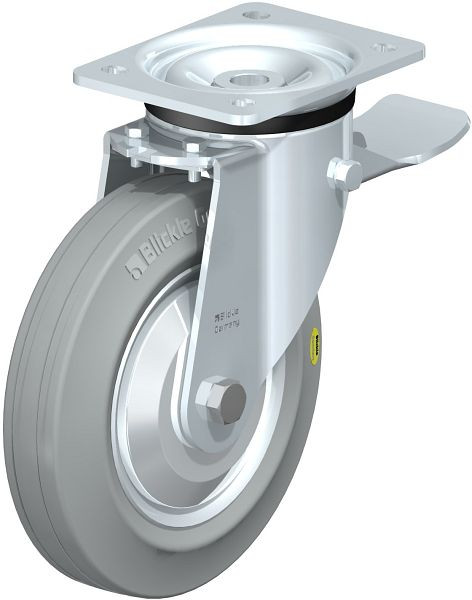 Blickle LK-RD 200K-ST-VLI-FA Stahlblech-Lenkrolle, schwere Ausführung, mit Anschraubplatte & Feststeller, Zweikomponenten-Vollgummi, Grau, 750475