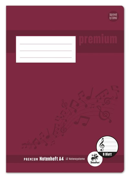 Staufen Notenheft PREMIUM Academy - A4 hoch, 90 g/qm, 8 Blatt, 12 Notensysteme, 734010115