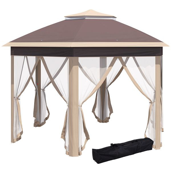 Outsunny Gartenpavillon 4 x 4 m Pop-Up-Zelt inkl. Tragetasche 6 Seitenteile Doppeldach sechseckig beige/khaki/braun, 84C-120MX