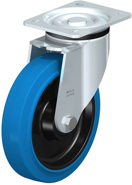Blickle LK-POEV 200KD-SB Stahlblech-Lenkrolle, schwere Ausführung, mit Anschraubplatte, Elastik-Vollgummi, Blau, 851322