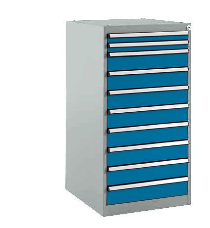 Manuflex Schubfachschrank BASETEC Stationär, Nutzhöhe 900 mm mit 10 Schubfächern, in brillantblau RAL 5007, SP1118.5007